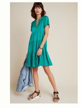 Maeve Teal Short-Sleeve Tiered Tunic Satin Feel Dress